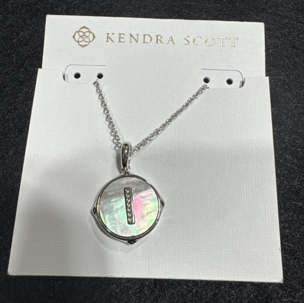 Kendra Scott Letter "I" Disc Pendant Necklace Rhodium Black Mother-Of-Pearl